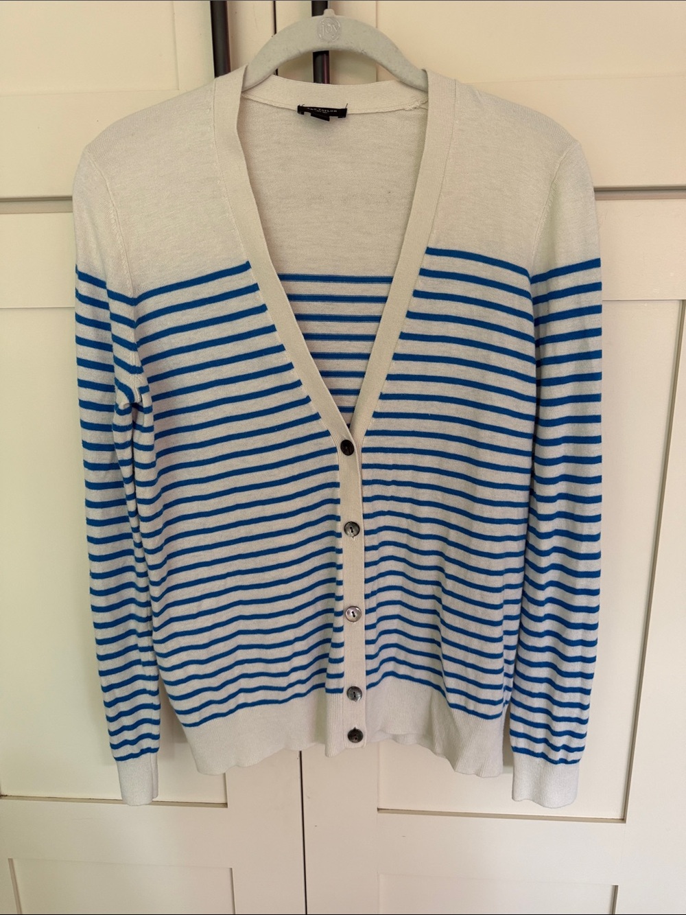 Ann Taylor White and Blue Striped V-Neck Button Cardigan
